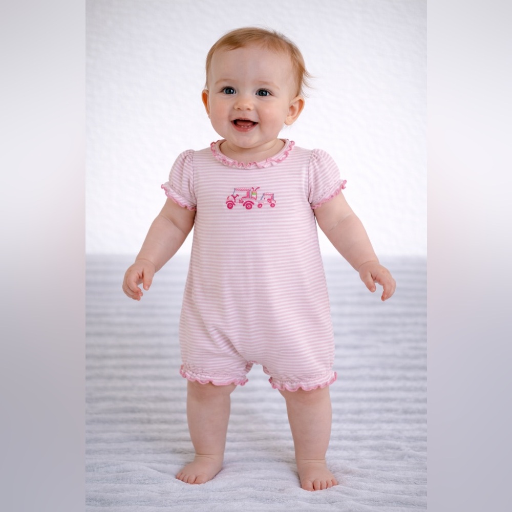 Kissy Kissy Pink Stripe Ruffle Bubble Romper Embroidered Tractor | Size 6-9 M